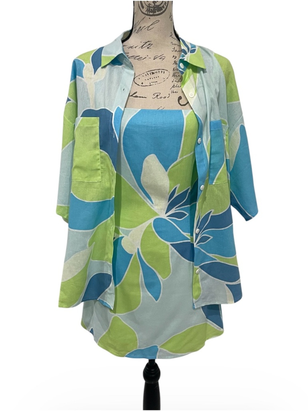 SABO NWT Tropical Mini Dress & Matching Shirt Set Blue Green Size M (Runs Small) - Picture 5 of 16